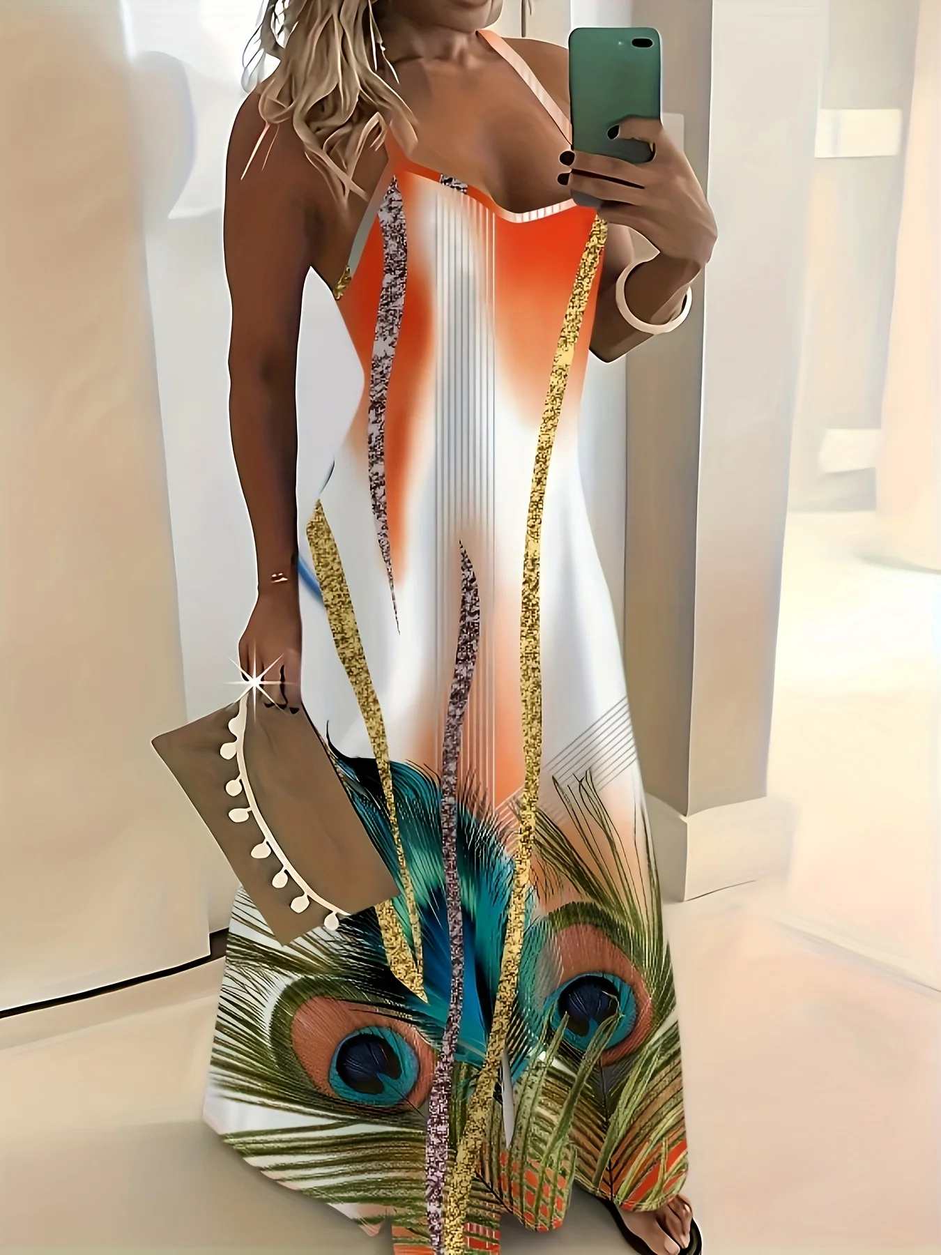 Printed Design Orange & White Peacock Feather Halter Maxi Dress