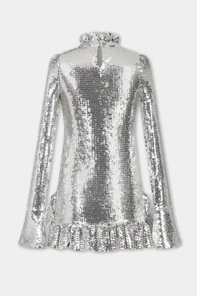 Tredny Sparkle Silver Sequined Short Women Dresses High Collar Flare Sleeves Female Mini Maxi Dress