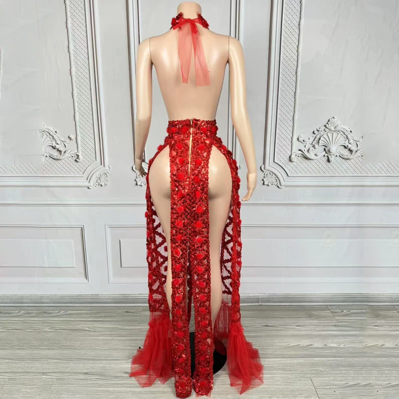 Red Seguined Party Dress Women Sexy Cutout Evening Dresses Stage Catwalk Outfit Bar Celebrate Gogo Costume Rave Wear XS9587