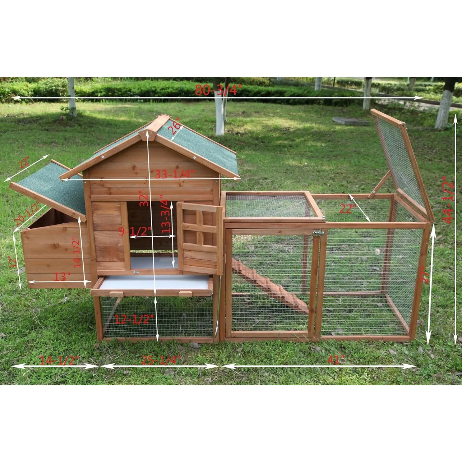 US Chicken Coop Outdoor Wooden Rabbit Hutch Poultry House with Chicken Run Cage, Egg Box & Waterproof Roof (80