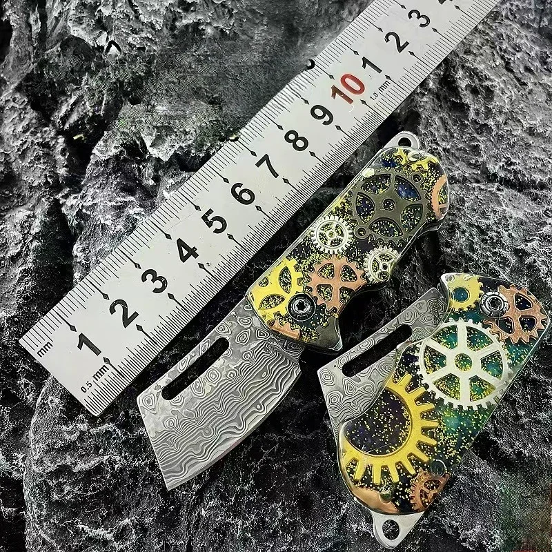 

Damascus Steel Blade Folding Knife Dreamy Gear Teeth Resin Brass Handle edc multitool knives outdoor bushcraft tactical knife