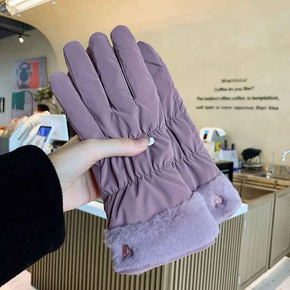 Simple Warm Winter Plush Gloves Thicken Skiing Heart Embroidery Gloves Five Finger Soft Cycling