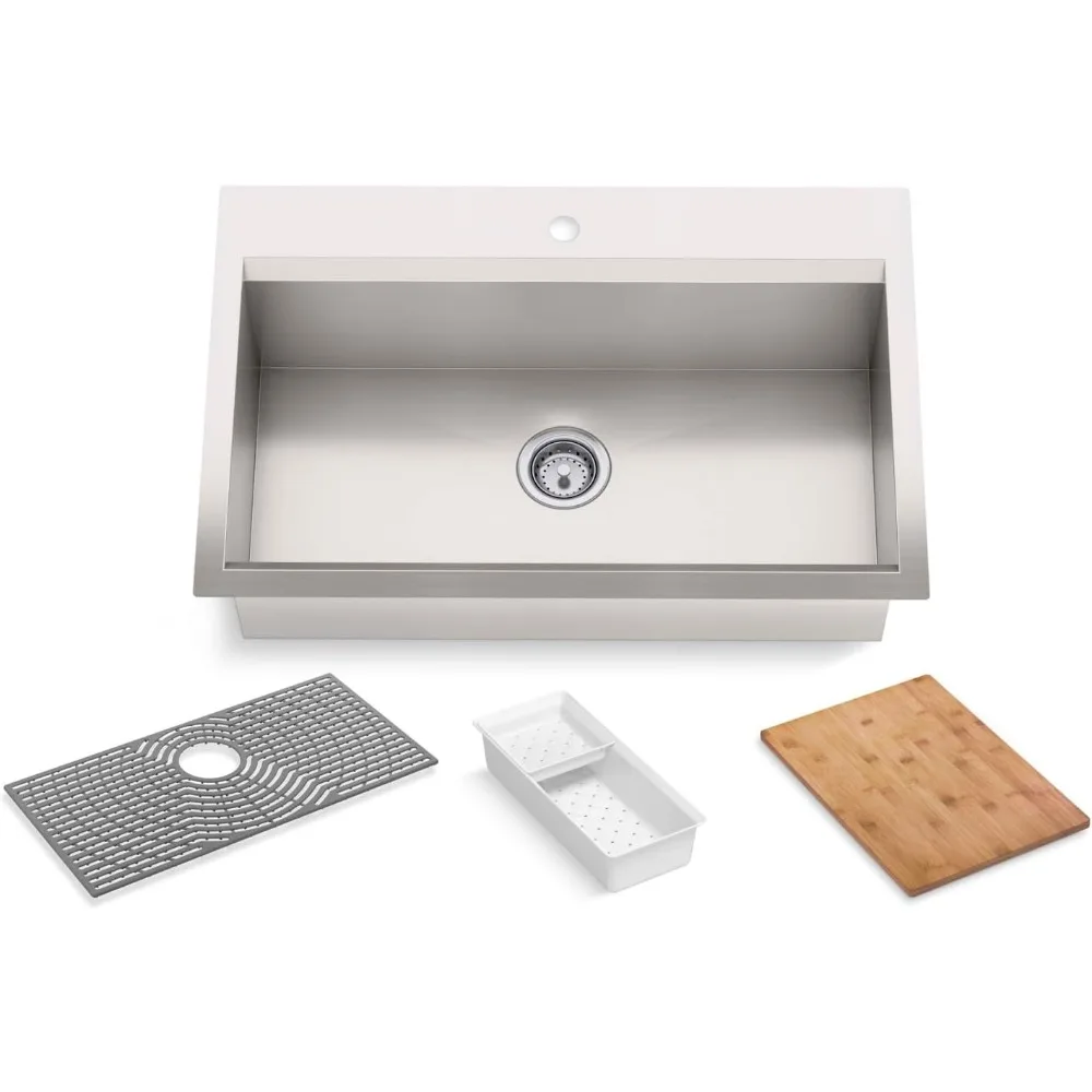 

Kitchen Sink, Double Installation Single Bowl, 33 "workstation Sink, 1-hole Faucet Product Size 22" D X 33 "W X 9.5" H