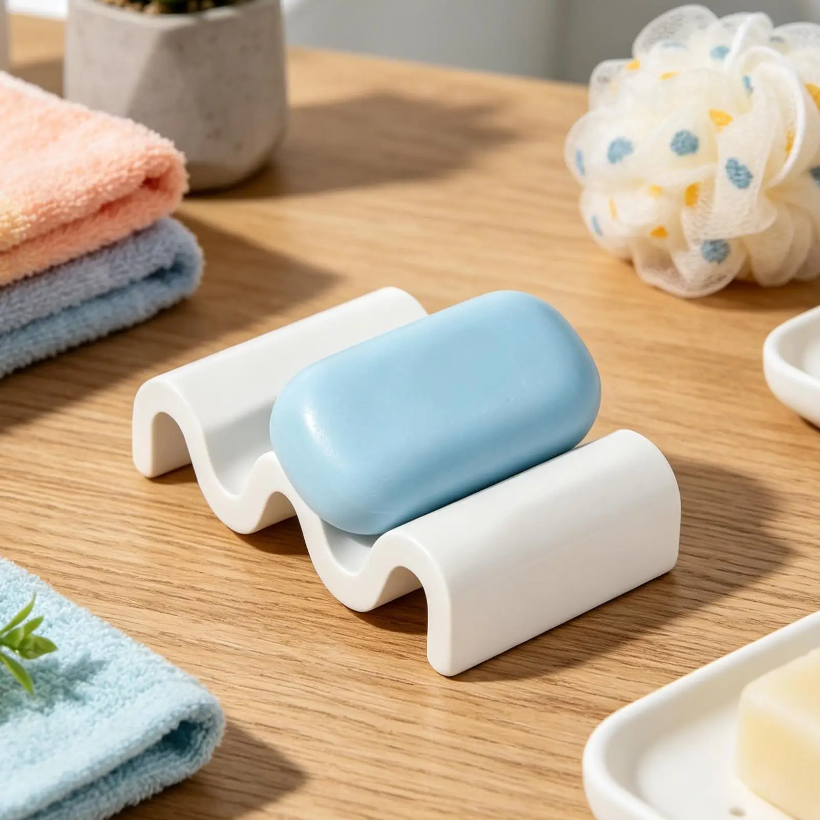 Soap Dish for Shower Wave Shape Water Absorption Kitchen Bar Soap Tray Soap Saver Drainer Sponges Scrubber Display for  Restroom
