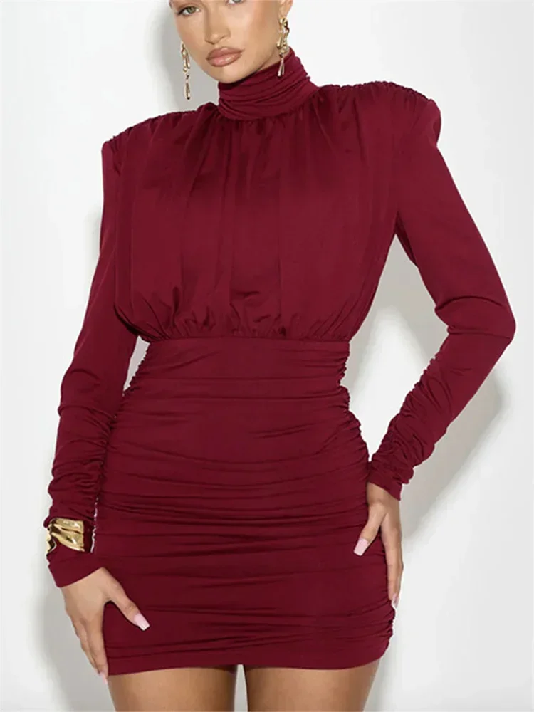 

Плиссированное мини-платье с завышенной талией, женское модное платье с длинным рукавом, элегантное офисное платье, однотонное осеннее платье для женщин