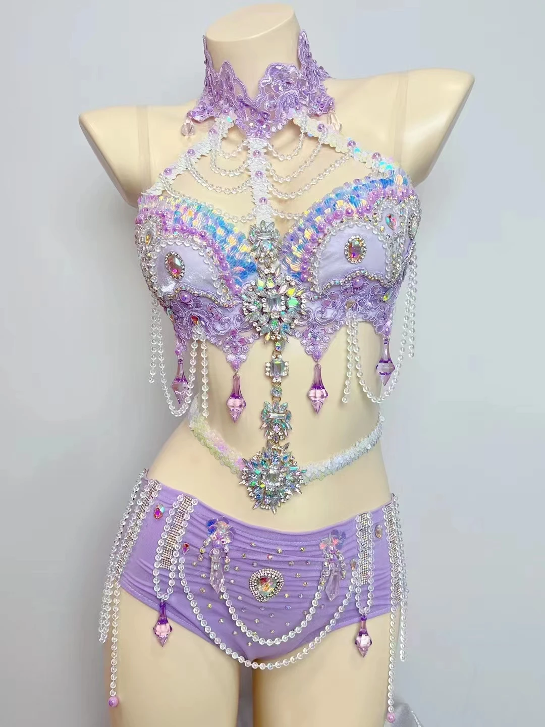 Desempenho de palco de luxo roxo strass lantejoulas biquíni rave outfit dj cantor boate roupas de festival de música elétrica