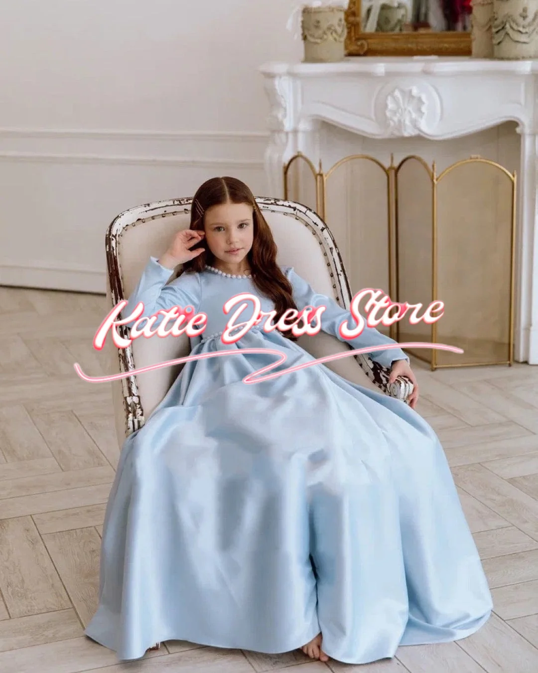 Vestido floral azul céu personalizado para casamento, cetim, pérolas inchadas, arco, festa de aniversário infantil, primeira comunhão, vestidos de baile