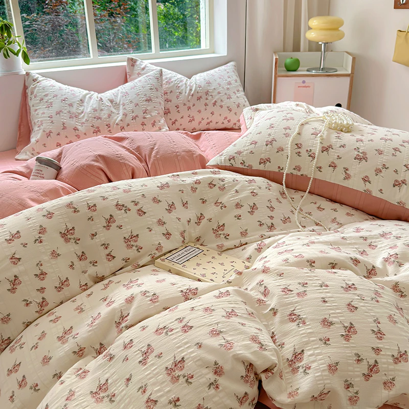 

Floral print French Style Bedding Set Bubble cotton Duvet Cover Set Washed Cotton Flat Sheet set Queen For Girl Decor Home