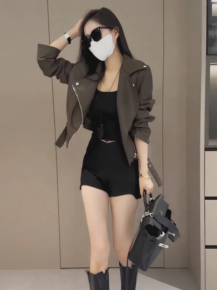 Retro Workwear lub Kurtka ze skóry PU Damska Wiosna 2026 Nowa Elegancka Luźna Uniwersalna Uliczna Bluzka Zapinana na Zamek