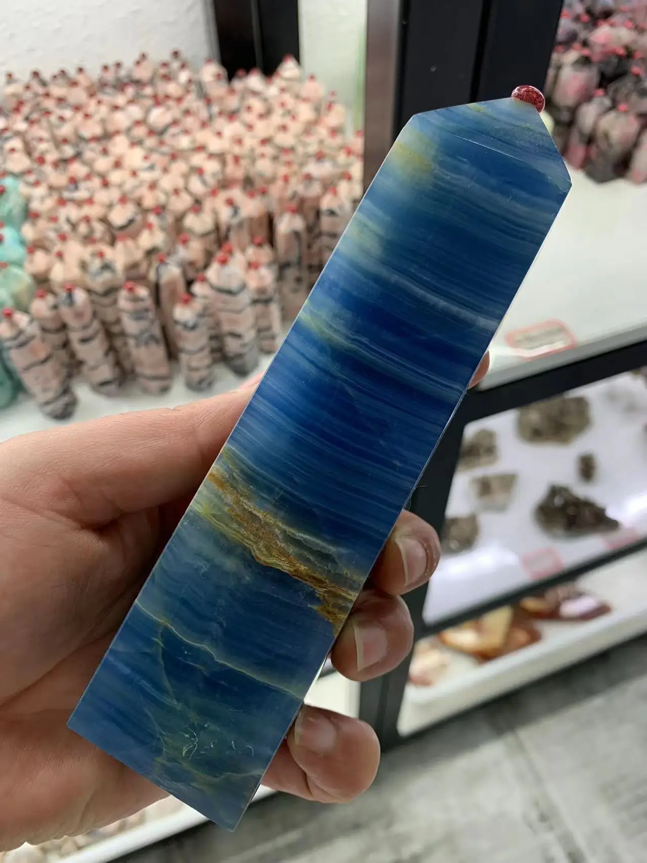 Natural Blue Lex Crystal Agate Four-Sided Obelisk Energy Gem Reiki Healing Room Office Decoration Gift