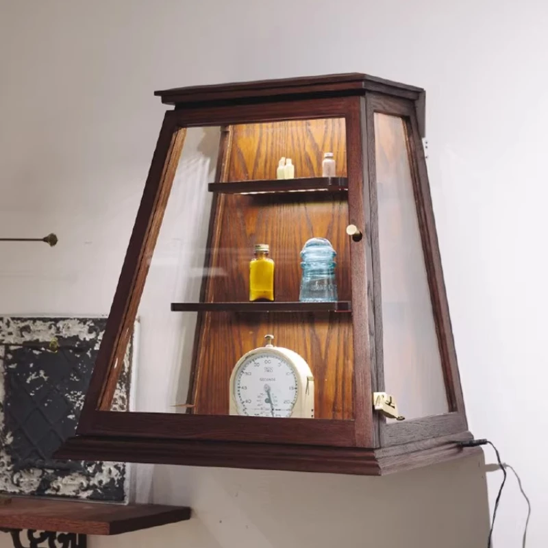 Ash solid wood tenon and mortise trapezoid, retro glass cabinet, jewelry display cabinet, museum series