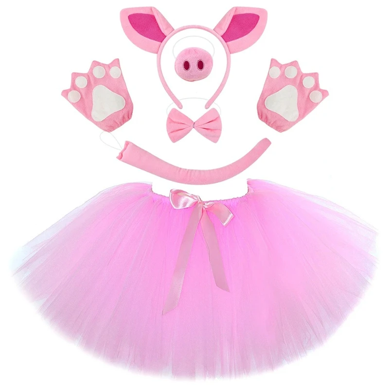 Pink Pig Tutu Skirt Outfit for Baby Girls Animal Halloween Costumes for Kids Toddler Birthday Ballet Tutus with Ears Bowtie Tail