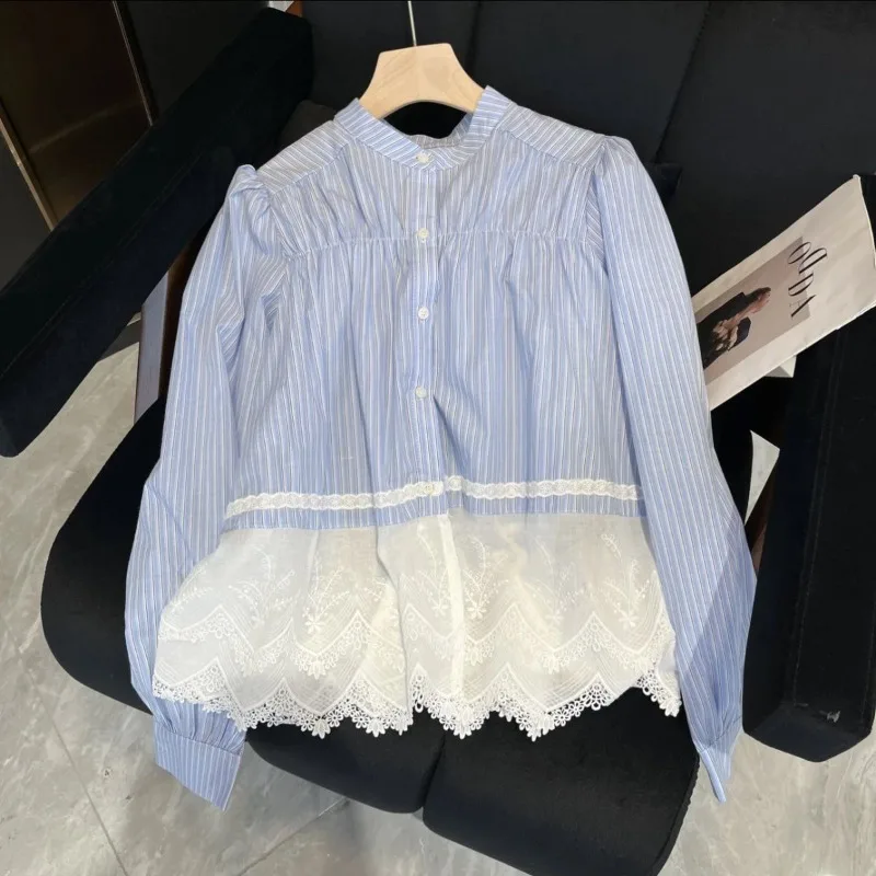 

Women's Clothing Blouse Blue Design Long Sleeves Montage Lace Shirt Stripe New Lace Tops T Shirt Women Y2k Top Vintage Clothes