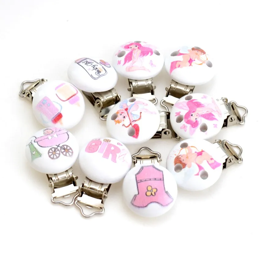 5PCs Girls Pink Color Baby Pacifier Clips Wood Metal Holders Cute Infant Soother Clasps Funny Accessories 4.8x2.9cm