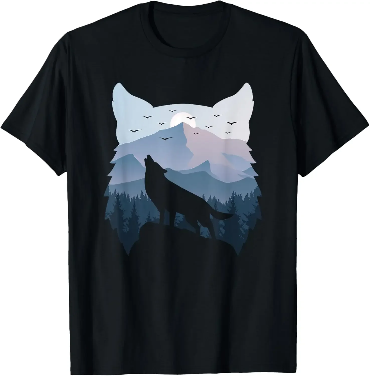 

Wolf Howling Mountain Landscape Graphic Tee Breathable Cotton Crew Neck T-Shirt for Men Women