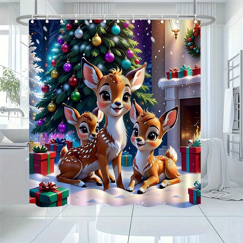 Christmas Deer Family Print Shower Curtain - Winter Scene with Deer, Presents & Tree - Machine Washable Polyester Bathroom