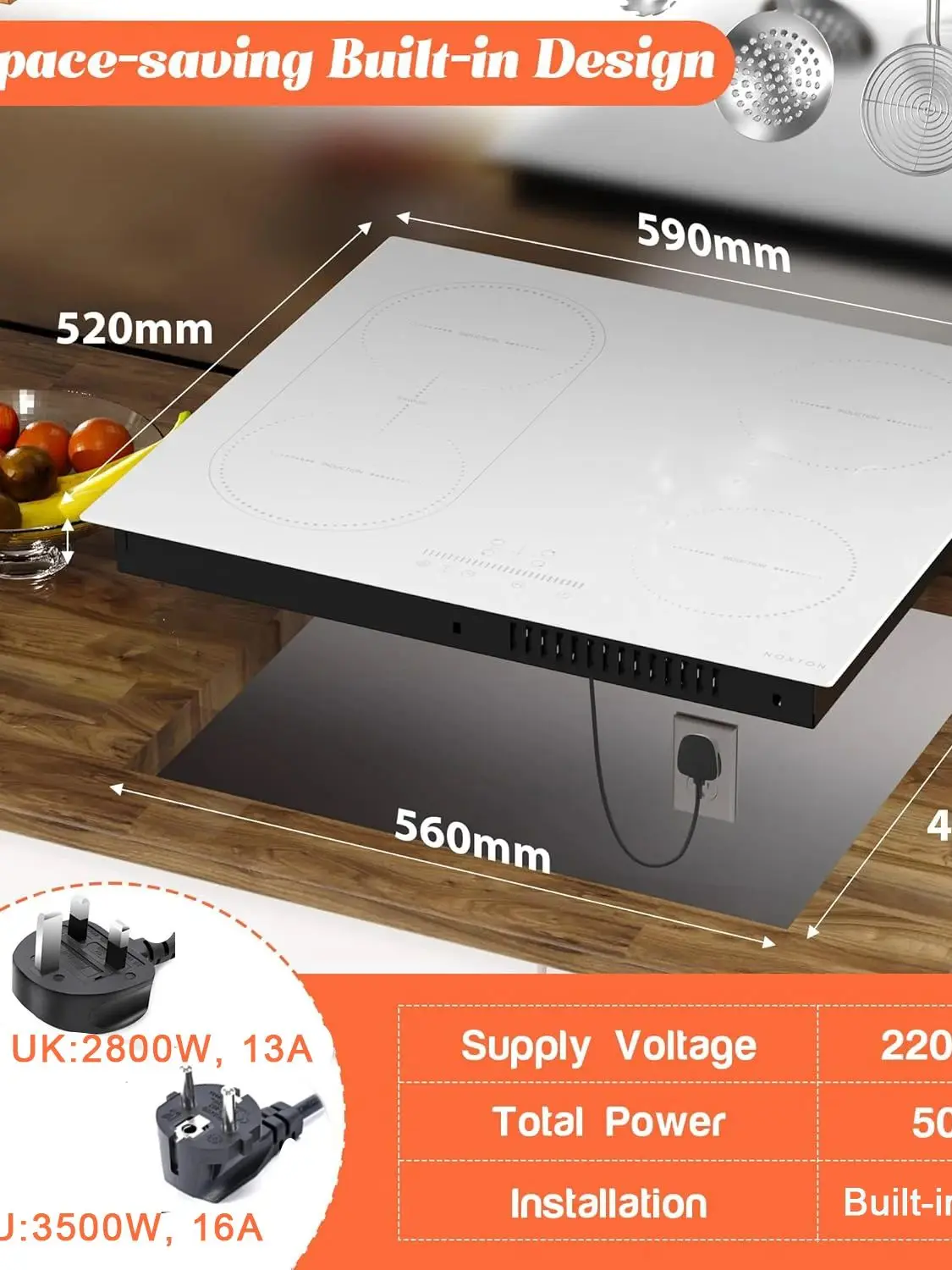 NOXTON Weiß/Schwarz Induktionskochfeld-Plug-in, (UK: 2800 W/EU:3500 W), 4 Zonen mit 1 Grillzone, 60 cm Touch, Sicherheitsschloss, Keramikglas