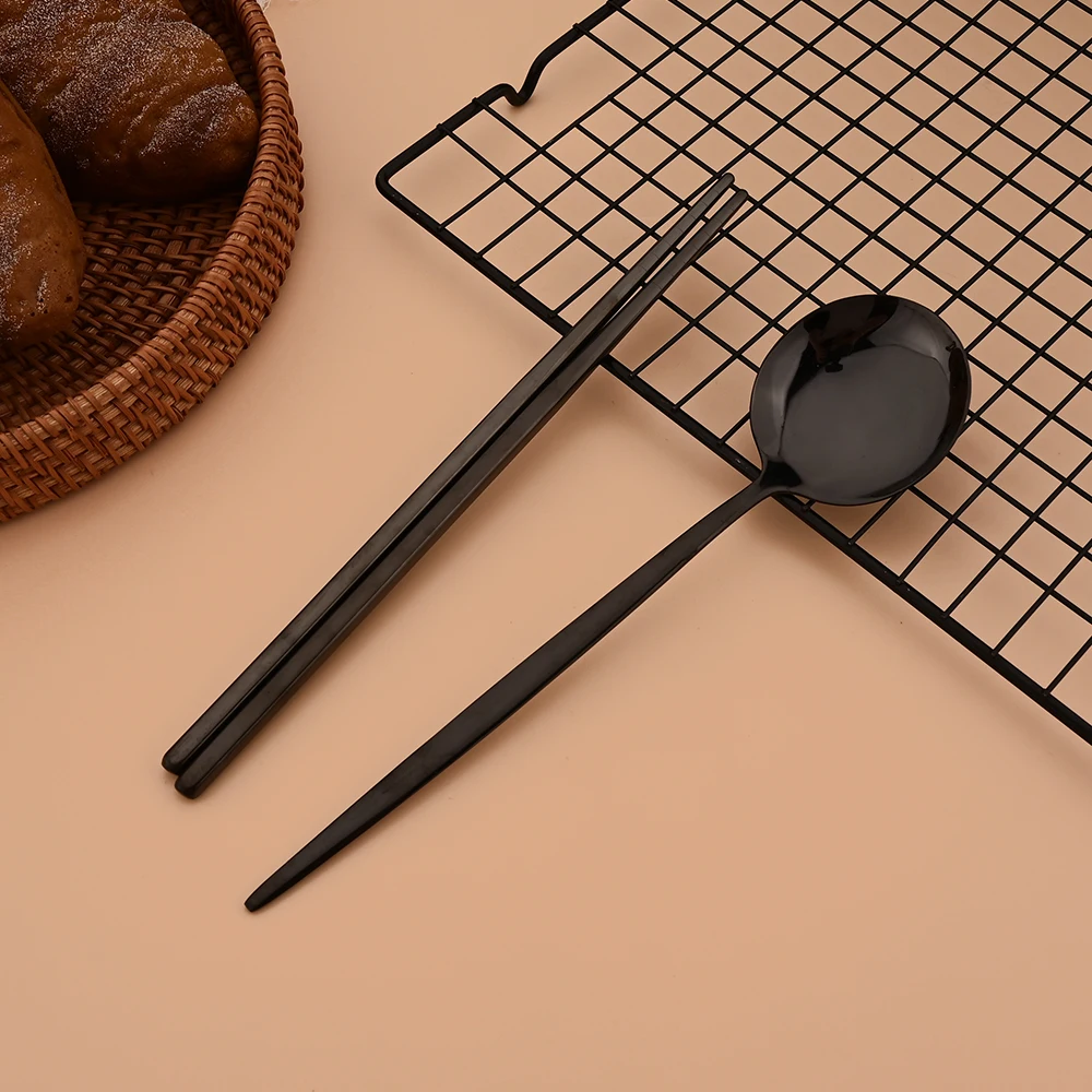 Black Stainless Steel Cutlery Set Sushi Sticks Dinner Spoons Set 12Pcs Dinnerware Korean Chopsticks Dessert Spoon Flatware Set - view 5