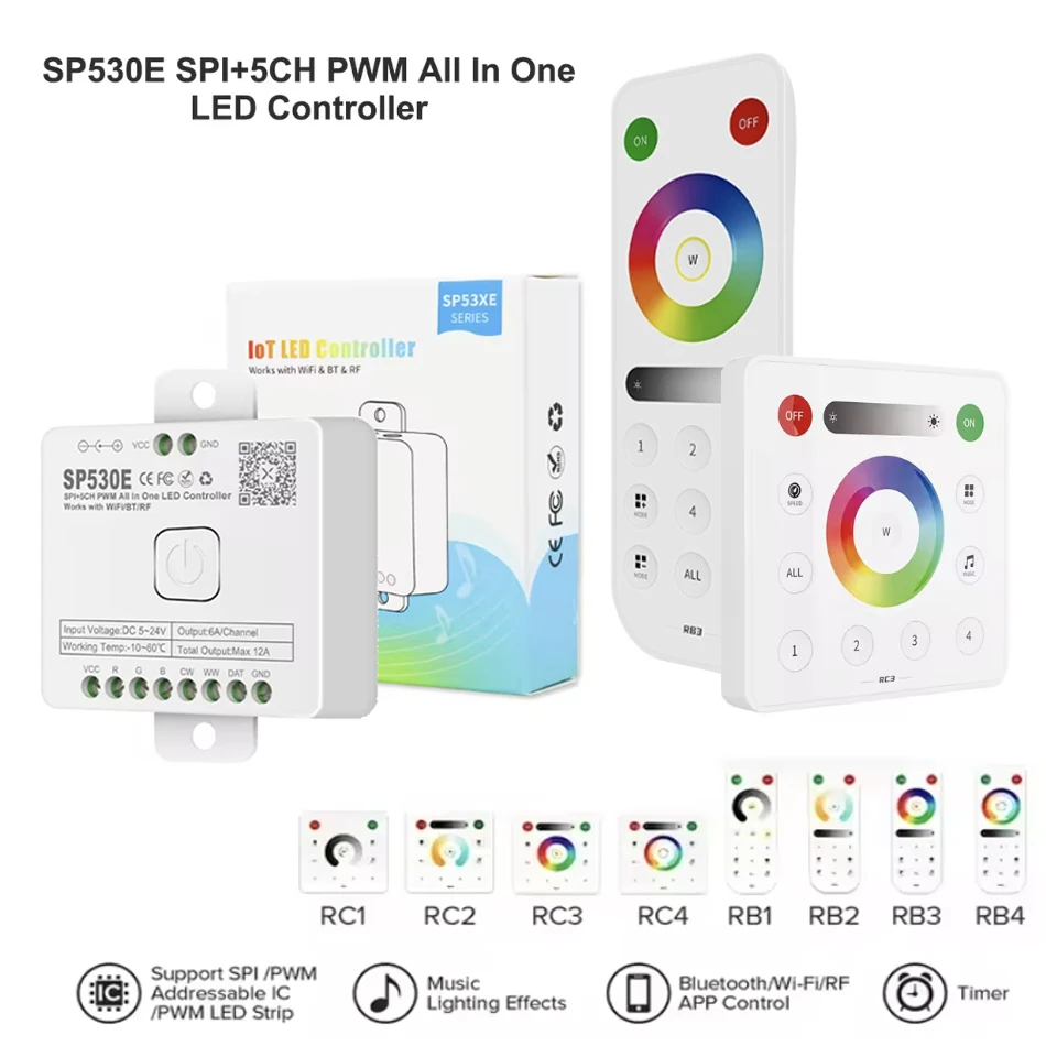WiFi Bluetooth-compatible LED Controller SP530E RF APP Support SPI WS2811 WS2812B PWM CCT RGB RGBW RGBCCT SPI IC Chip Light Str