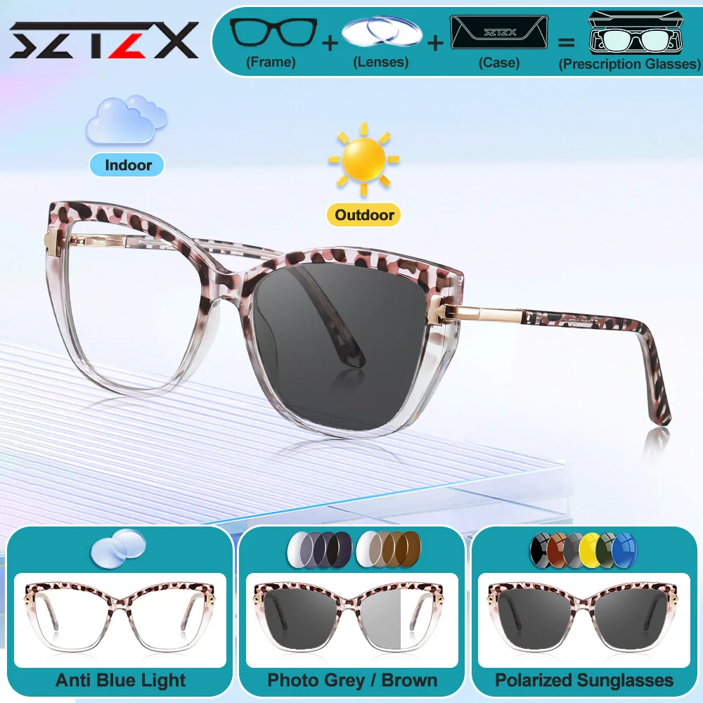 

SZTZX женские классические фотохромные очки для чтения с защитой от синего луча, простые очки «кошачий глаз», оправа для очков по рецепту, оптические очки для близорукости