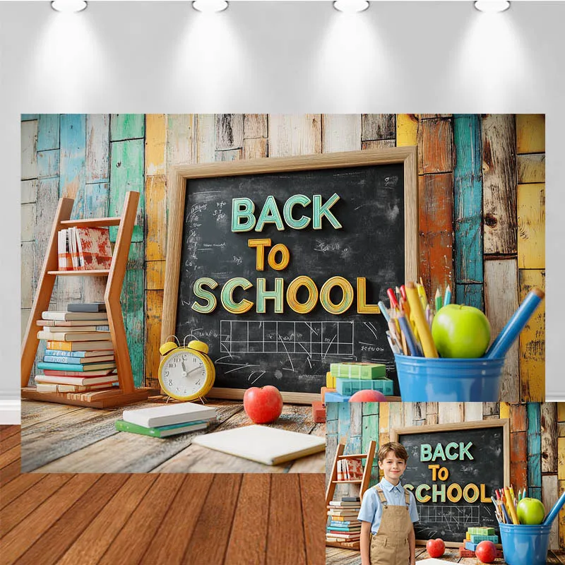 LS School Themed Photography Backdrop Blackboard Book Pencil Alarm Clock Apple Decor Party Kids Adult Portrait Photo Background