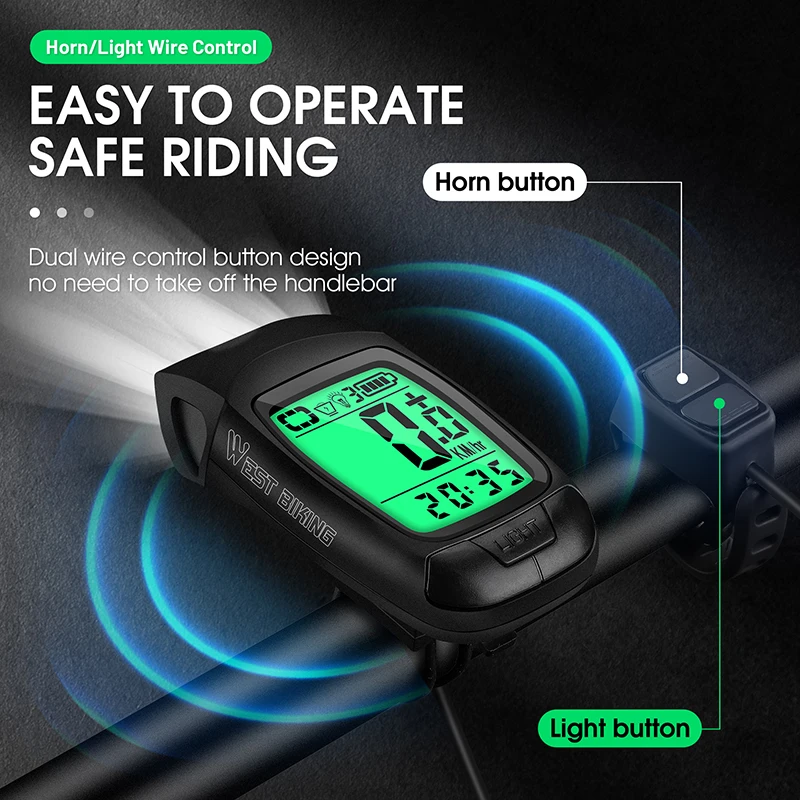 WEST BIKING 3 in 1 Wireless Bike Computer With Horn USB Rechargeable LED Flashlight Waterproof Bicycle Light Cycling Speedometer