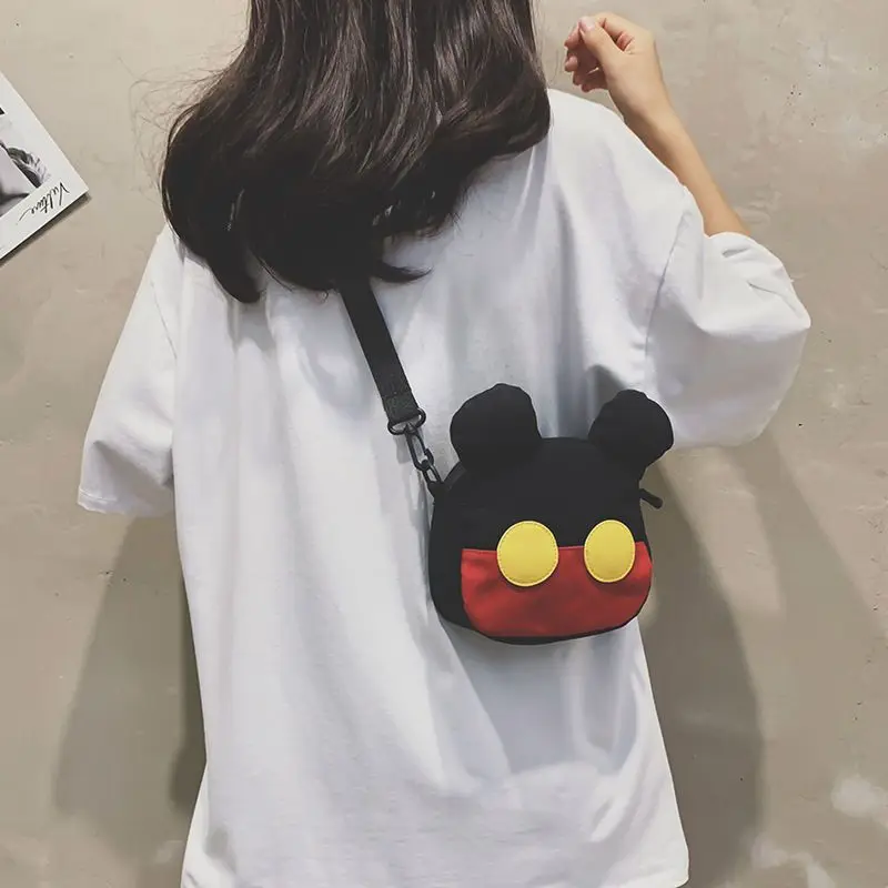 MINISO Disney 2023 New Cute Canvas Cartoon Mickey Minnie Small Bag Shoulder Messenger Bag Girls Coin Purse Hand Bags for Women