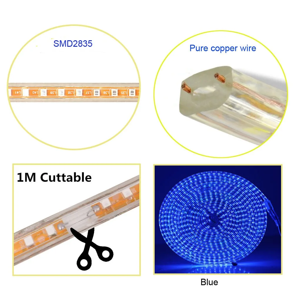 Lampy listwy LED 220V SMD2835 IP67 wodoodporna lampa elastyczna lina 120 diod LED/M do domu do domu w kolorze niebieskim