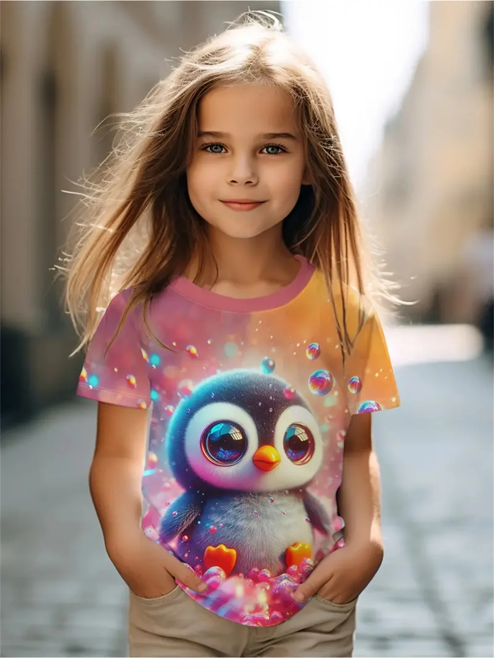 Camiseta infantil de manga curta estampada em 3D, tops casuais das meninas, roupas infantis, moda verão