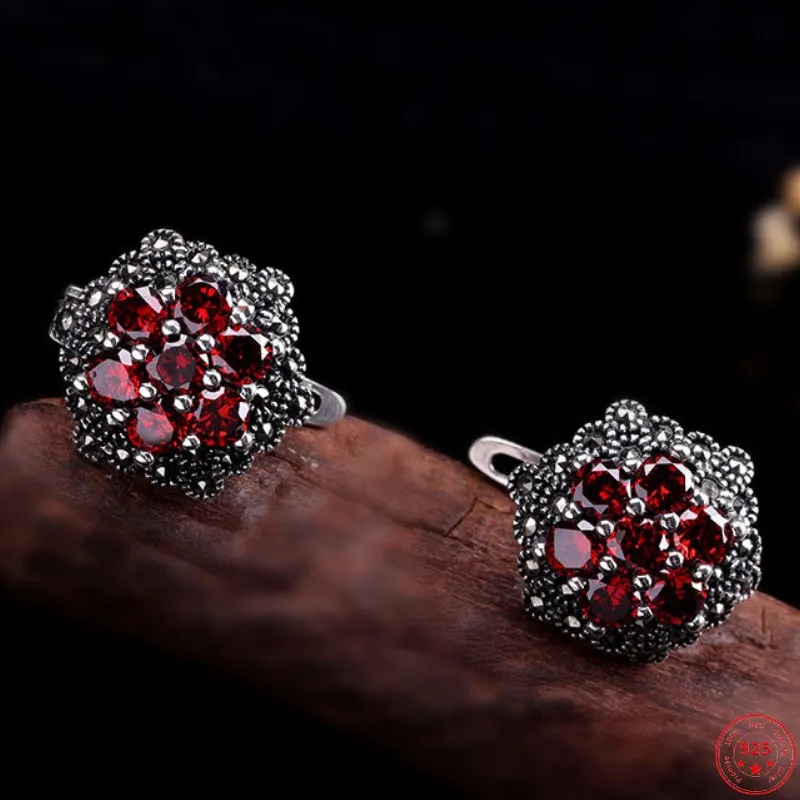 

S925 Sterling Silver Earrings for Women 2023 New Women's Fashion Relief Flower Marcasite Garnet Agate Argentum Ear-Clip Jewelry