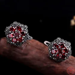 S925 Sterling Silver Earrings for Women New Women's Fashion Relief Flower Marcasite Garnet Agate  Argentum Ear-Clip Jewelry