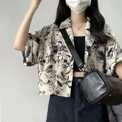 Vintage Print Short-sleeve Shirts Women Unisex Crop Loose Casual French Style Blouse Summer Holiday Ins All-match Outwear Tops