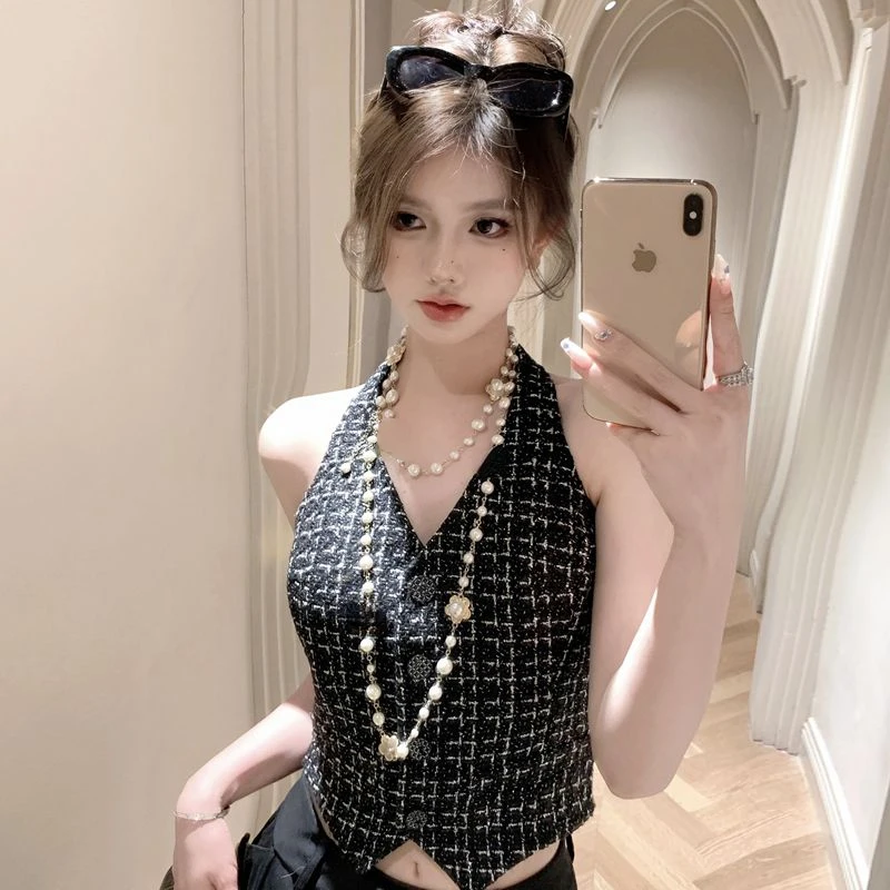 Summer Women Tweed Halter Backless Top Sexy Vintage Small Fragrance Short Tank Vest Korean Streetwear Fashion Button Jacket