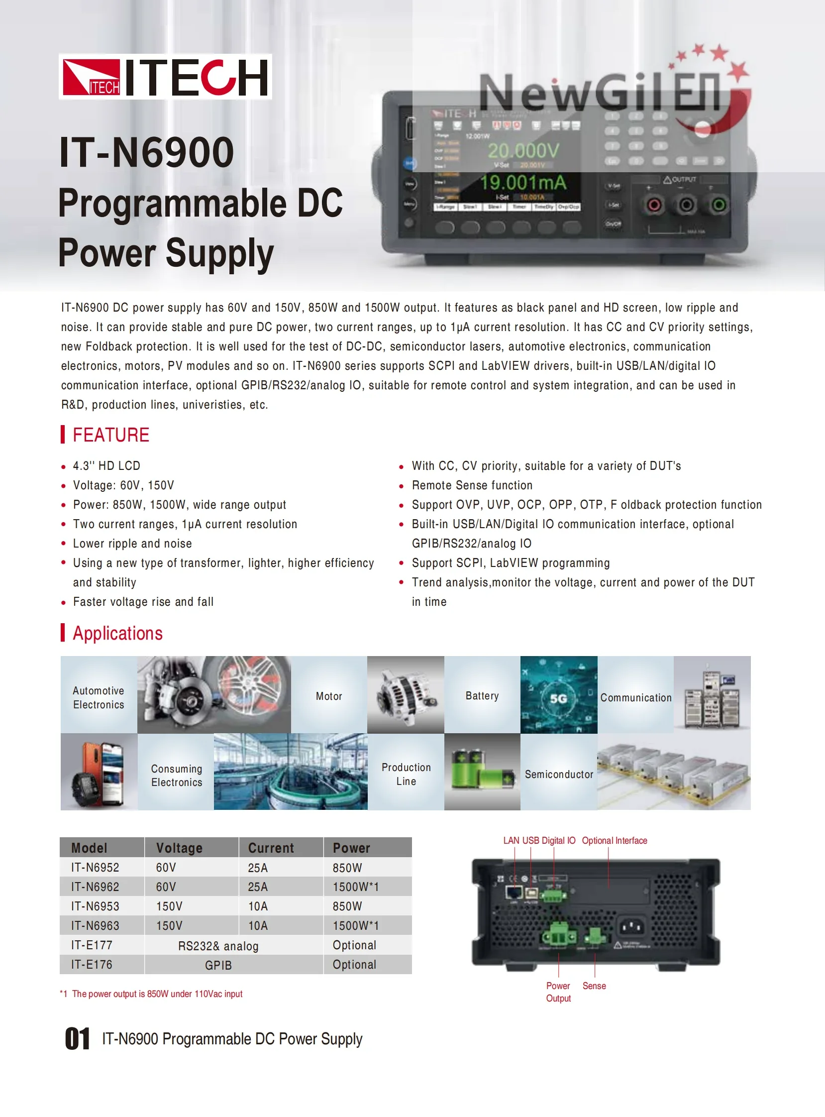 ITECH IT-N6952 IT-N6962 IT-N6953 IT-N6963 مصدر طاقة تيار مستمر قابل للبرمجة 60 فولت و150 فولت، مخرج 850 وات و1500 وات