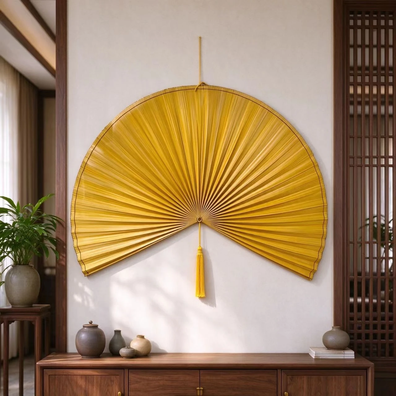 `Handcrafted Bamboo Wall Decor Fan with Tassel, Large Oriental Hanging Fan, New Chinese Style Home Wall Art`