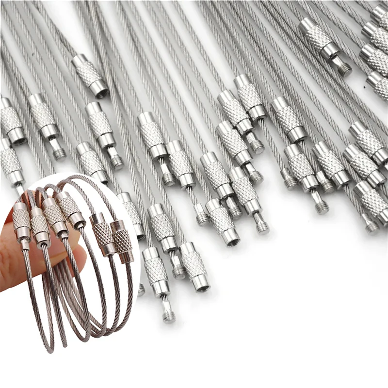 10Pcs Keychain Ring Set Screw Lock Closure Wire Cable Loop Stainless Steel Outdoor Camping Hanging Tool Accessories