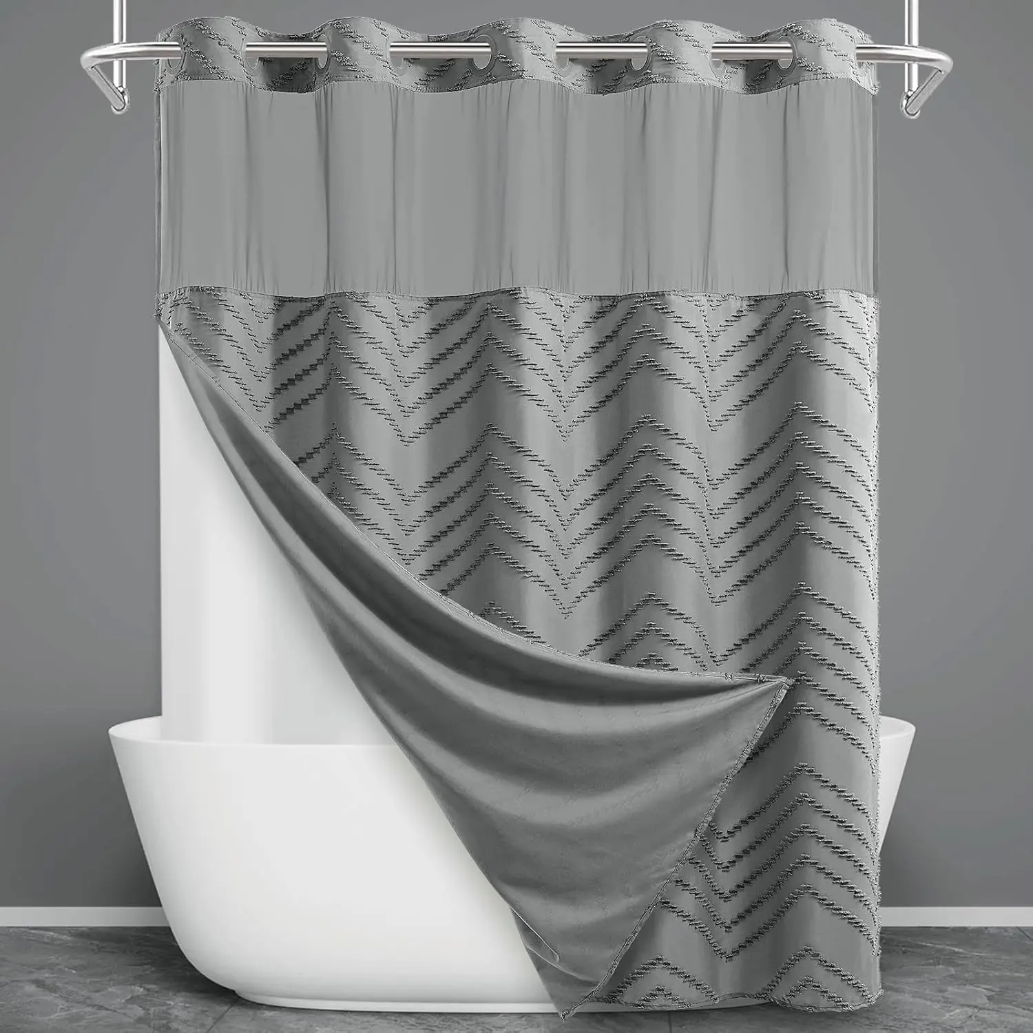 

No Hook Shower Curtain with Snap in Liner, Tufted Ch Striped Shower Curtai