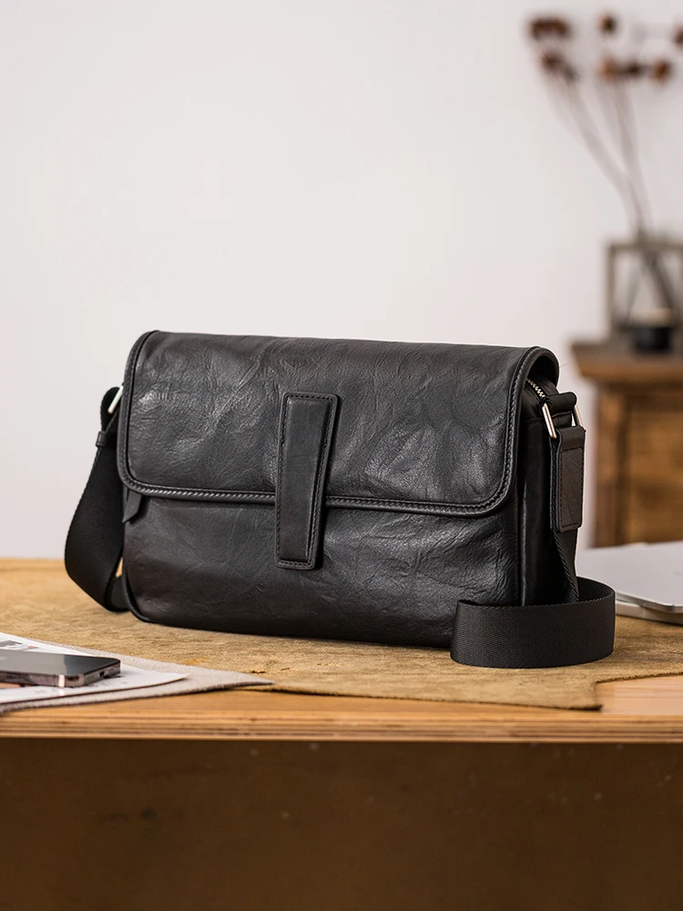 Simple casual outdoor daily work first layer cowhide men shoulder bag weekend travel luxury genuine leather black crossbody bag
