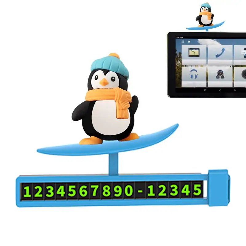 Car Parking Number Plate Cartoon Penguin Skateboard Dashboard Parking Number Center Consoles Surfer Boy Sliding Ornament