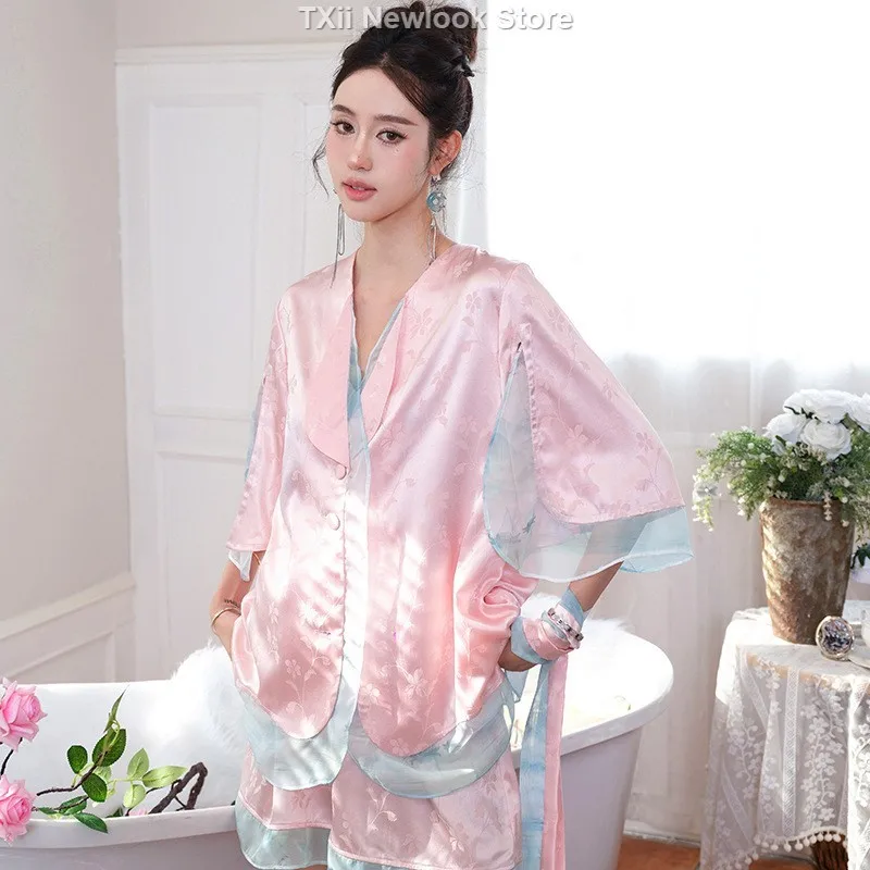 New Soft yarn printed contrasting imitation silk chiffon pajamas with two-piece set, Women's pajamas，back night outfit women