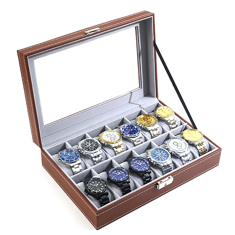 Caja de reloj de cuero negro para hombre y mujer, estuche de almacenamiento para exhibición de relojes, caja de joyería, soporte organizador para