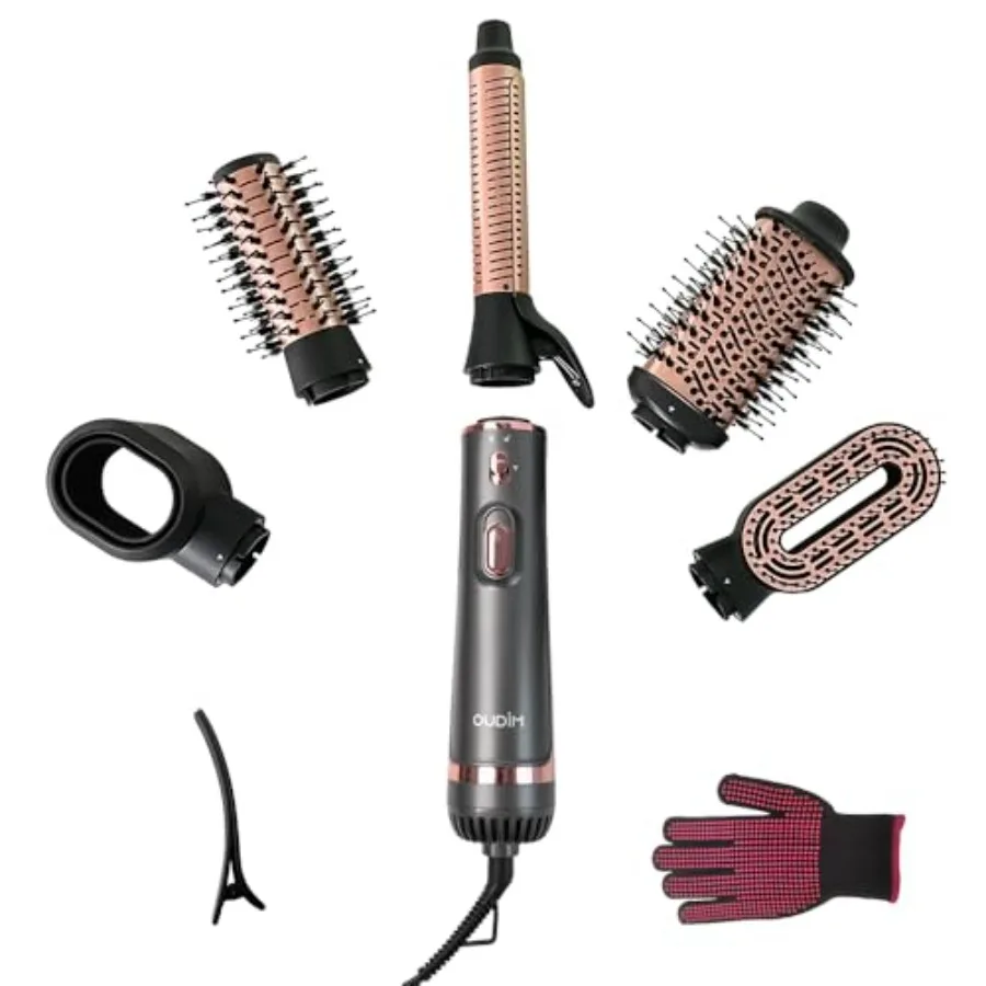 

Professional Hot Air Brush Set, 5-in-1 Hair Styling Tool with Interchangeable Attachments and Heat Protection Glove, Gray/Rose