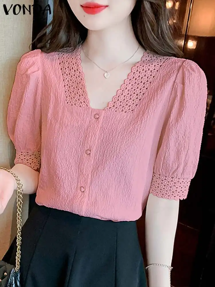 VONDA Women Elegant Shirts Summer Lace Tops 2024 Fashion Sexy V-Neck Casual Solid Color Blouses Short Puff Sleeve Loose Blusas