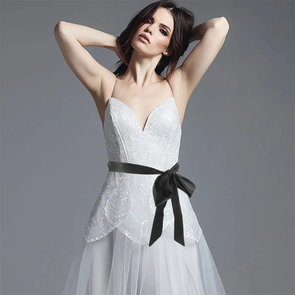 

2pcs Silk Belt For Women Black Satin Sash Adjustable Bow Tie Waist Ribbon For Wedding Party Formal Events Dress Accessory