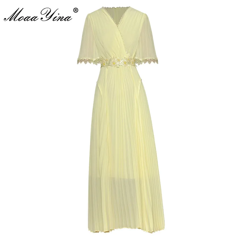 

MoaaYina Fashion Runway Solid Elegant Holiday Dress Women's V Neck Short sleeve Beading Applique Sashes chiffon Dresses