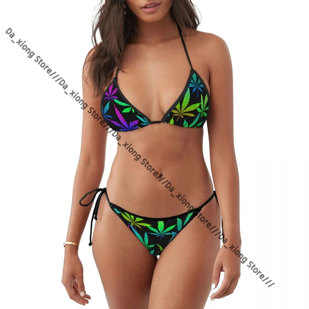 Traje de baño de dos piezas para mujer, traje de baño de hojas de plantas de arcoíris, conjunto de Bikini para mujer, Bikini Sexy, traje de baño de cintura baja