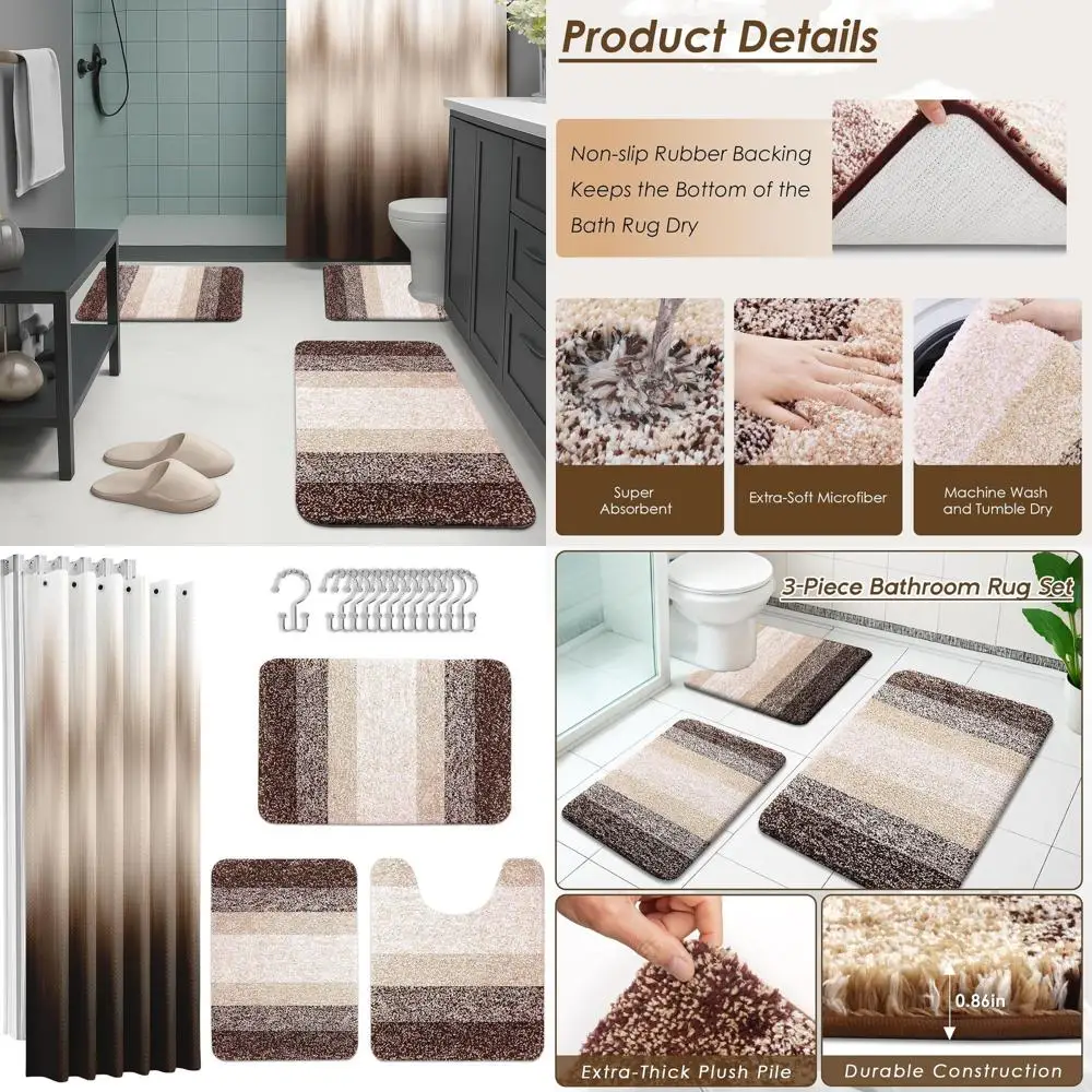 

Modern Ombre Shower Curtain Set with Striped Rugs and Waterproof Liner for Vintage Bathroom Decor