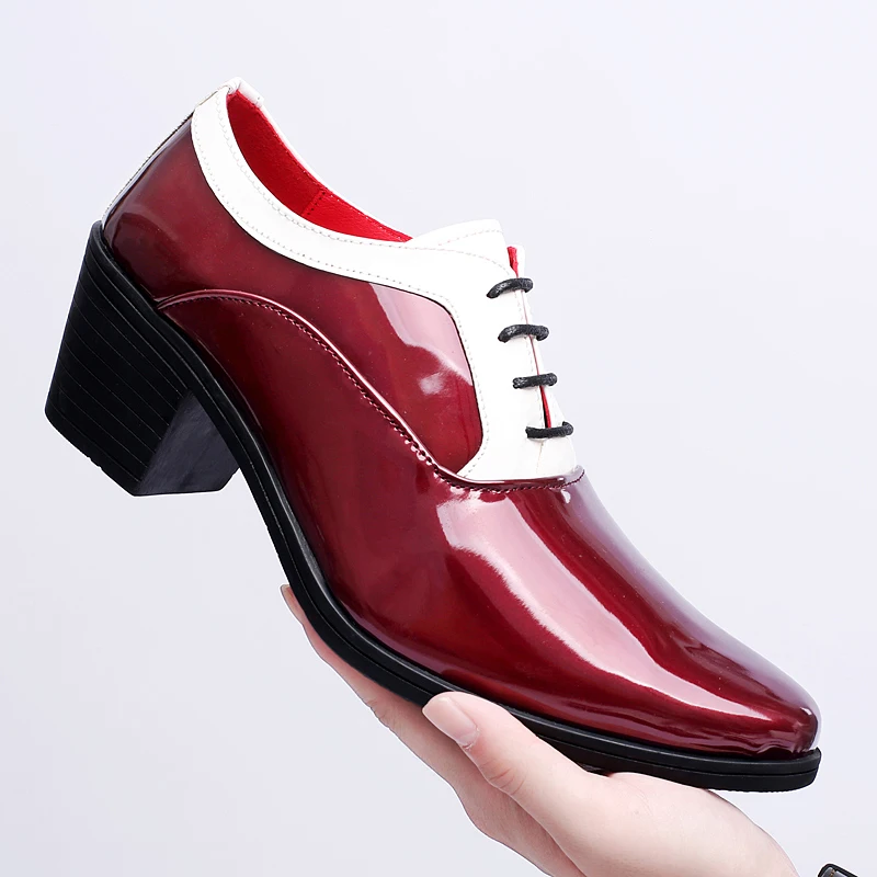 New Classic Glitter Leather Men Dress Shoes Fashion Red Mirror Luxury Shoes Men Increasing-height Shoes 4.5cm Heel Men Footwear