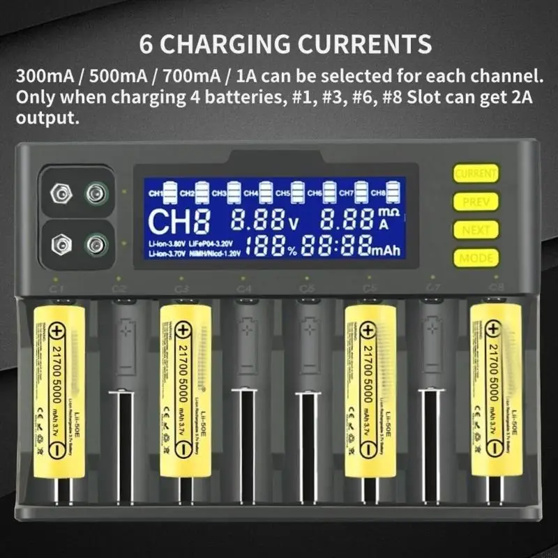 G99B LII 8 BAY Lading Hub für 18650 21700 9V -Batterien mit LCD -Statusanzeige und aktuelle Einstellung