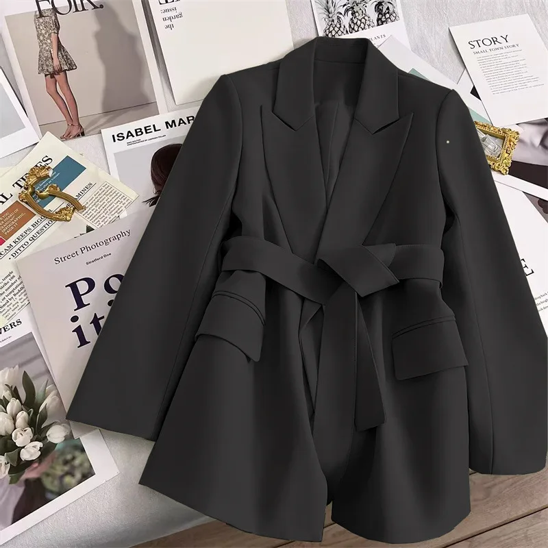 Veste de costume élégante vert émeraude avec ceinture, style décontracté pour femmes, version coréen